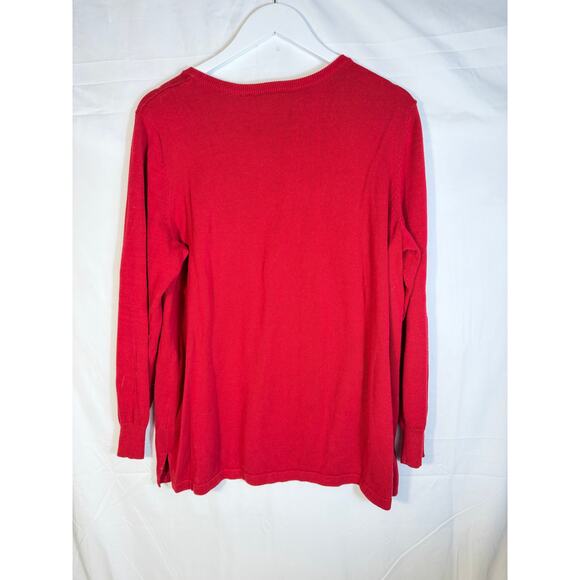 Quacker Factory Red Sequin Kitty Cat with Christmas Tree Cotton Sweater size L - Picture 4 of 6